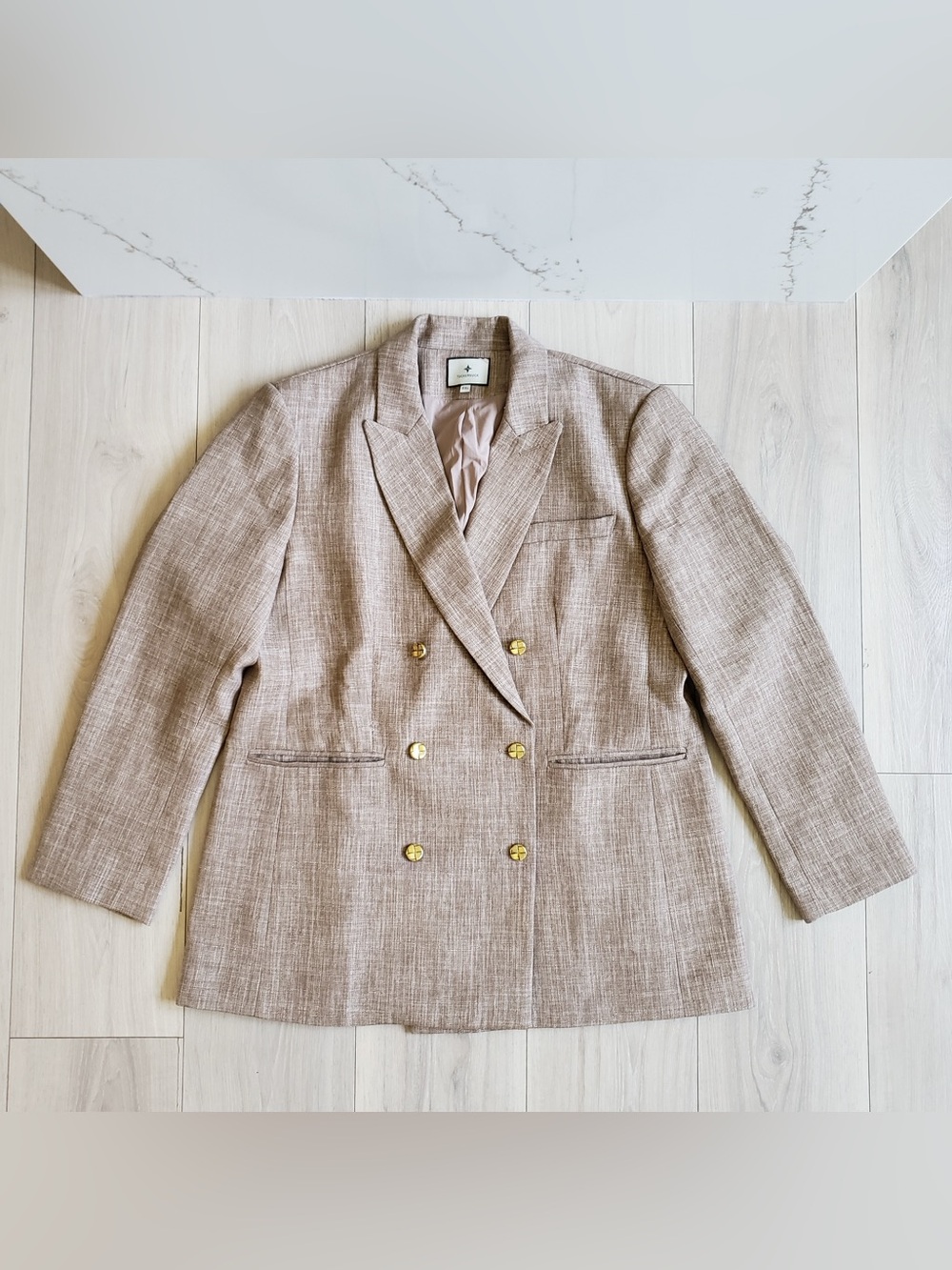 Tuckernuck Desert Tan Diana Double-Breasted Blazer Gold Buttons Womens XXL